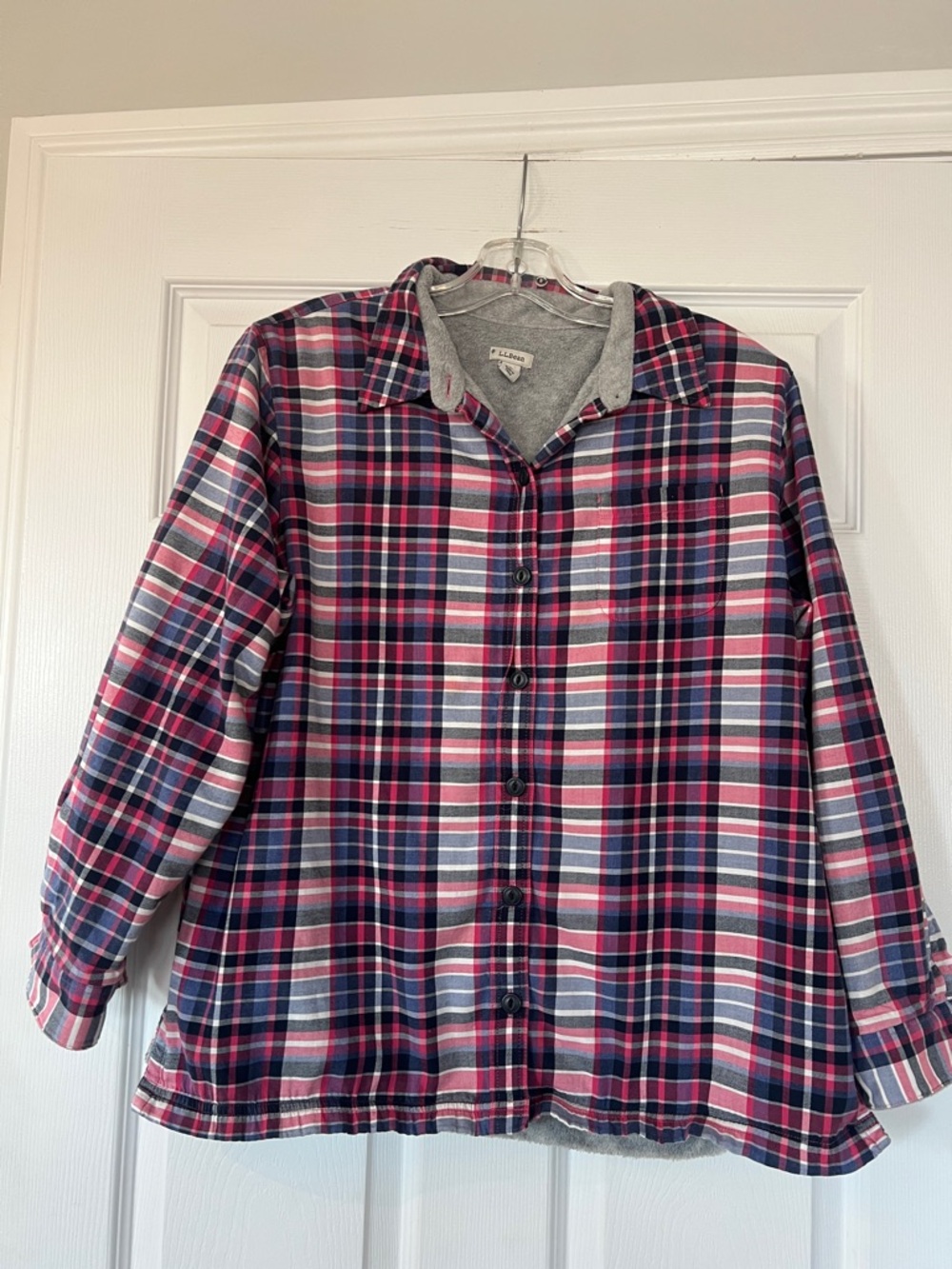 L.L. Bean Plaid Button-Down Shirt Jacket - Pink, Navy & White - Picture 1 of 5